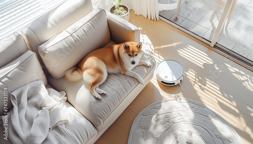 Cute purebred funny Shiba Inu lying on comfortable sofa with modern vacuum cleaner robot smart device cleaning living room. Allergy prevention during home pets Fur Moulting, smart home technology. photo
