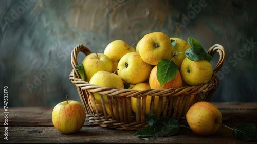 a wooden basket filled with vibrant yellow apples, set against a clear background to highlight the freshness and natural beauty of the fruit.
