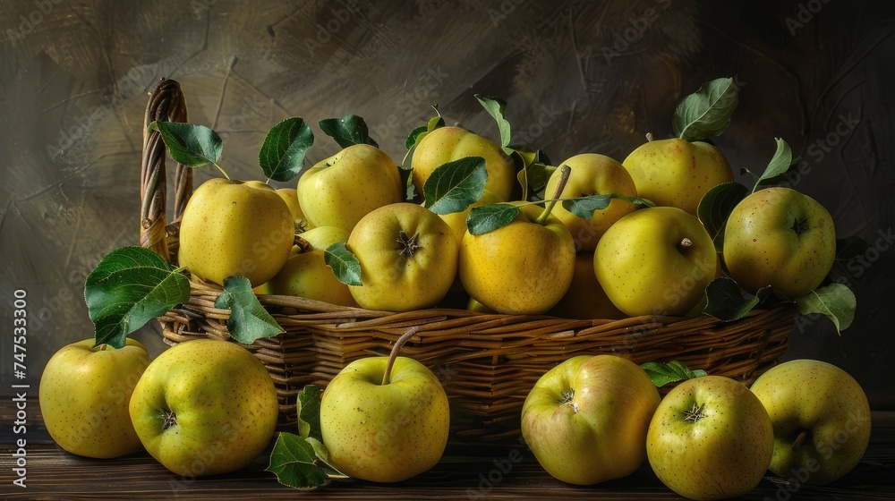a wooden basket filled with vibrant yellow apples, set against a clear background to highlight the freshness and natural beauty of the fruit.