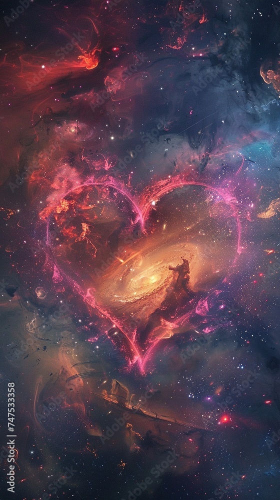 A celestial spectacle with love-themed galaxies arranged in a heart shape, bathed in technology-inspired hues. Ð¡osmic fusion. For Valentine's Day and International Women's Day on March 8th - obrazy, fototapety, plakaty 