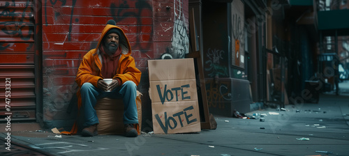 Lonely homeless man dressed old clothes sitting on the dirty littered narrow american big city street next to waste bin with VOTE sign cardboard. Social issues, american elections concept image. photo