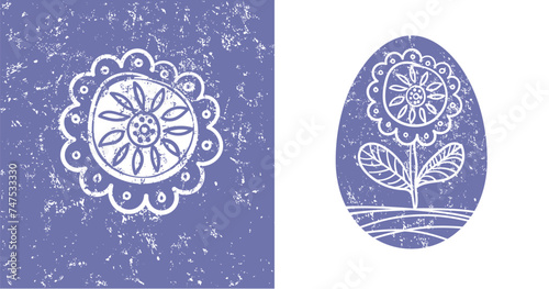 Design of a greeting card with silhouettes of decorative Easter eggs, made in the style of a color engraving. Vector illustration