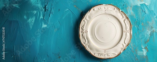 Pesach plate on a petrol blue background, with copyspace. Traditional Jewish seder on the occasion of Passover festival.