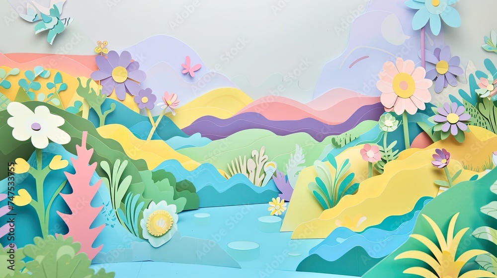 A lush spring countryside scenery, paper-cut art concept