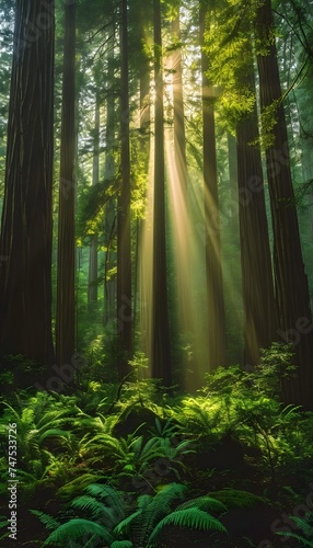 green woodland forest with sunshine between trees nature 