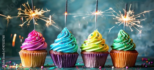 five colorful cupcakes are standing with sparklers