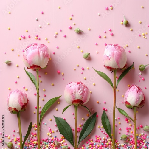 International Women's Day. A top-down image featuring pink peony rosebuds and...