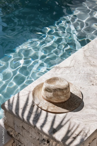 a straw hat is sitting on a marble counter next to a pool