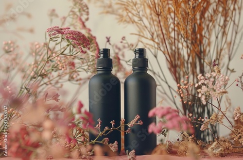 two black bottles and dried flowers on a table