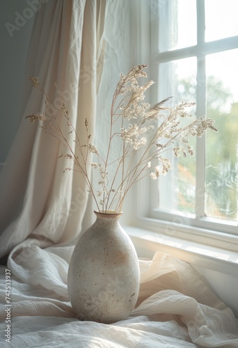 a vase with dried ryegrass next to a window