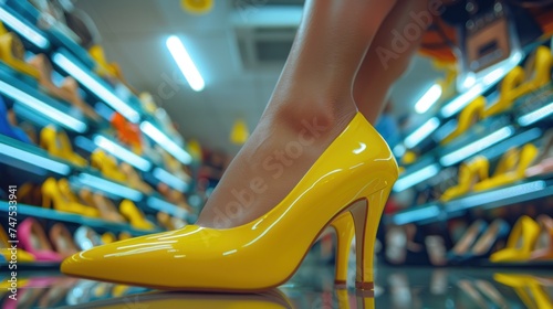 Beautiful young woman trying on yellow stiletto pumps in a store