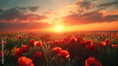 Beautiful field with poppies at sunset. There are poppy flowers below and gre...