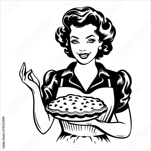 Retro Young Woman With Fresh Baked Pies. Retro Clipart Illustration