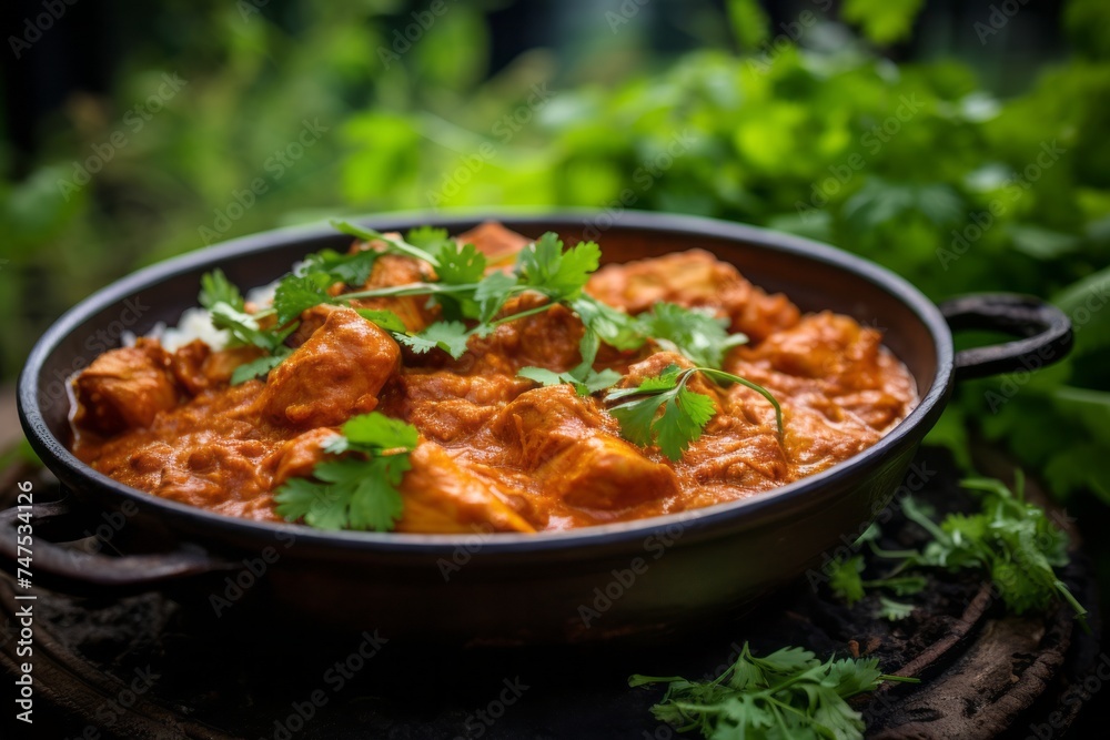 Highly detailed close-up photography of a refined  chicken tikka masala in a clay dish against a green plant leaves background. AI Generation