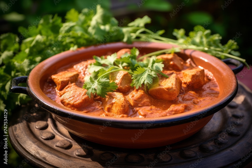 Highly detailed close-up photography of a refined  chicken tikka masala in a clay dish against a green plant leaves background. AI Generation