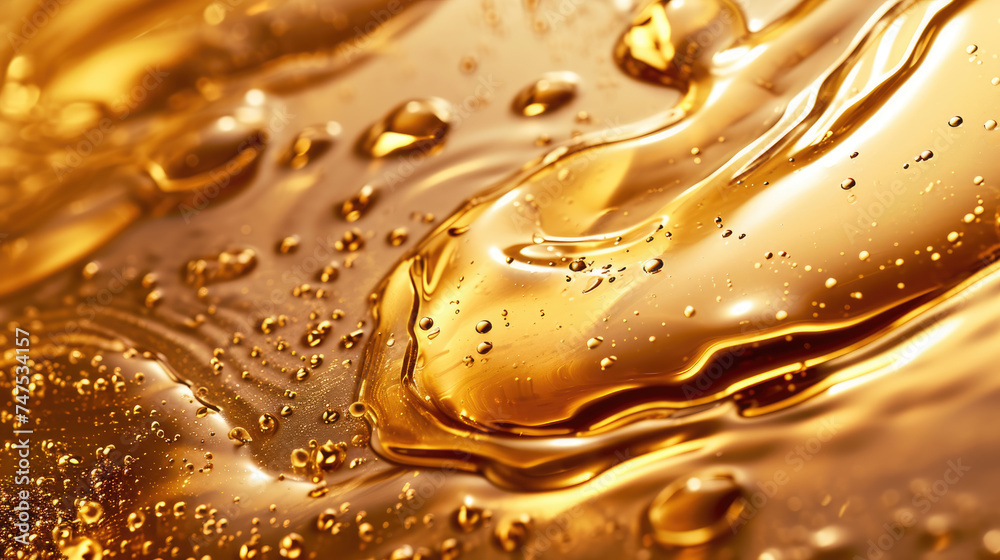 Serum oil with bubbles, motor oil concept background, gold fluid texture - obrazy, fototapety, plakaty 