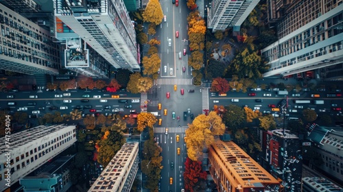 Dynamic aerial view of a bustling urban landscape, captured from a high vanta...