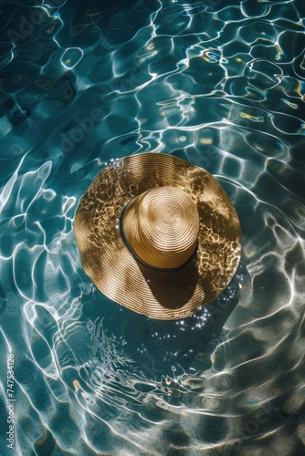 a straw hat is in the middle of the pool