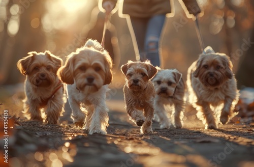 five dogs walking in the park