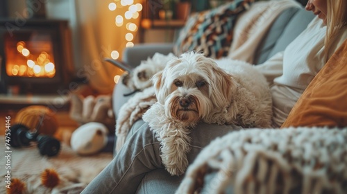 A person in casual clothes cuddles with their furry friend on a comfy couch, ...