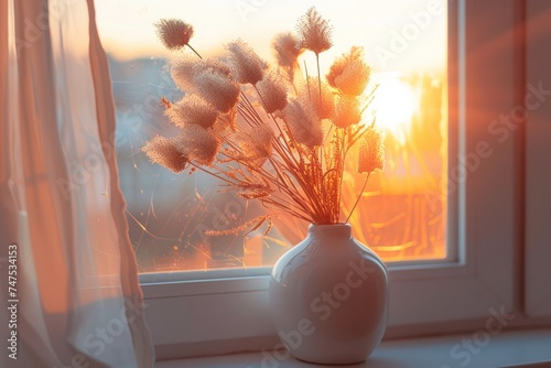 A vase filled with fluffy dried flowers sits on a window sill