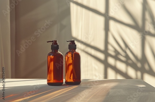 two bottles of shampoo sitting on a white table on background