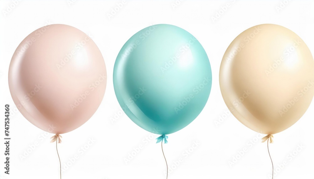 Three pastel-colored balloons on a white background, representing celebration or decoration.
