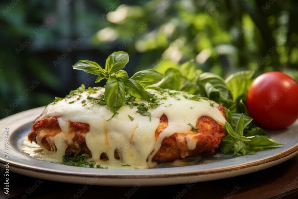 Close-up view photography of an exquisite chicken parmesan on a plastic tray against a green plant leaves background. AI Generation Close-up view photography of an exquisite chicken parmesan on a plastic tray against a green plant leaves background. AI Generation