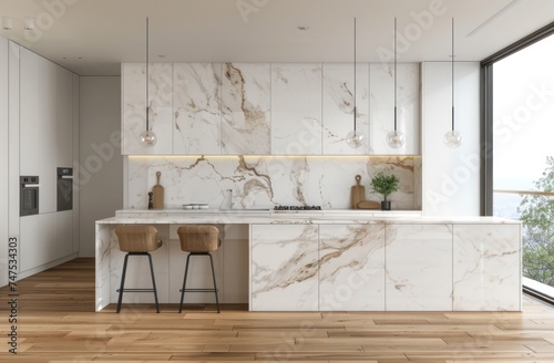 white kitchen with wooden floors and marble