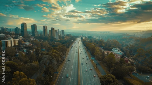 Dynamic aerial view of a bustling urban landscape, captured from a high vanta...