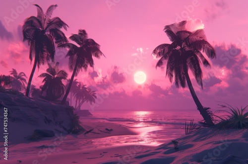 sunset beach with palm trees and pink color sunset