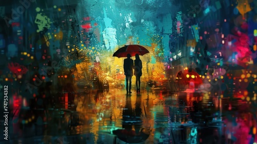 A pair under an umbrella, their reflections shimmering on rain-slicked street...