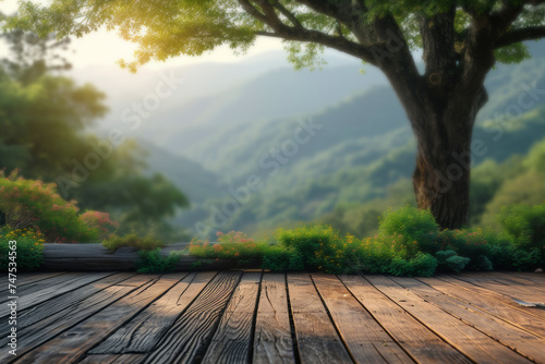 Serene Morning View from a Wooden Deck Overlooking Misty Mountains. Peaceful Nature Retreat.