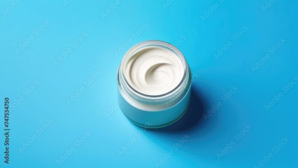 Jar of cosmetic cream on solid blue background, top view. Space for text, empty space. Mask for face. Jar of cosmetic cream on solid blue background, top view. Space for text, empty space. Mask for face.
