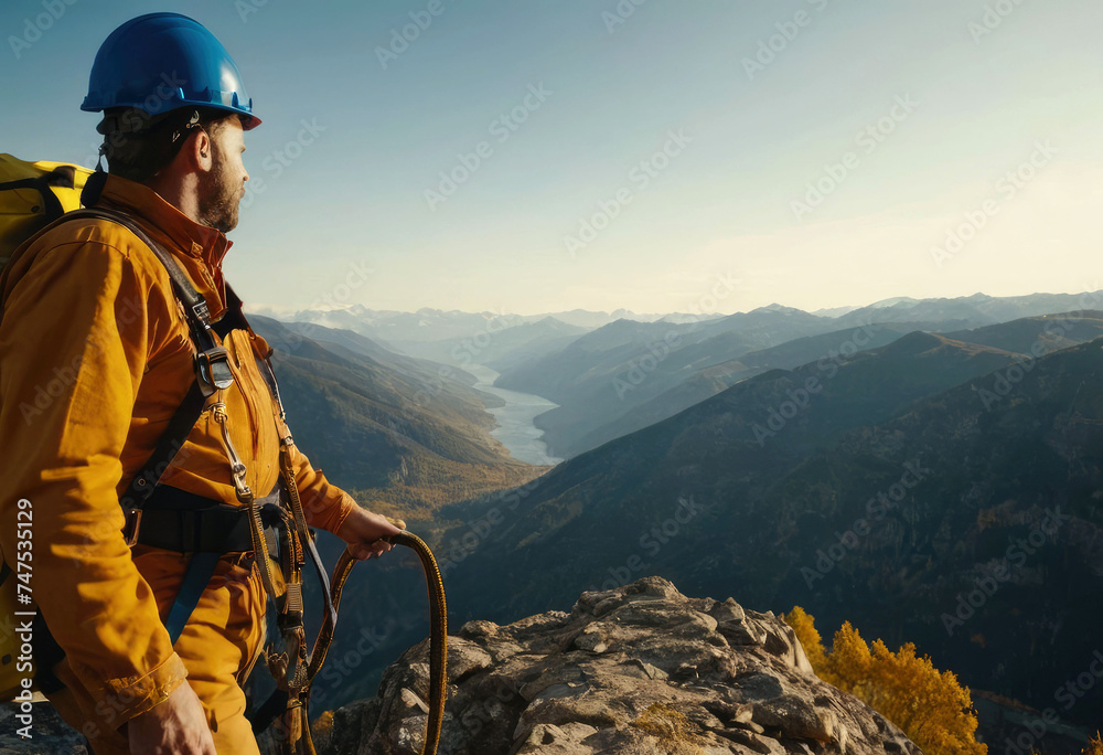 Obraz premium Worker fall arrest device with safety belt hooks. Work on high-altitude equipment.