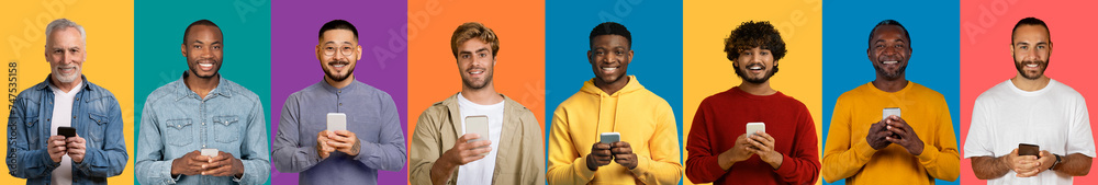 Eight cheerful people of various ethnicities using smartphones, dressed Eight cheerful people of various ethnicities using smartphones, dressed
