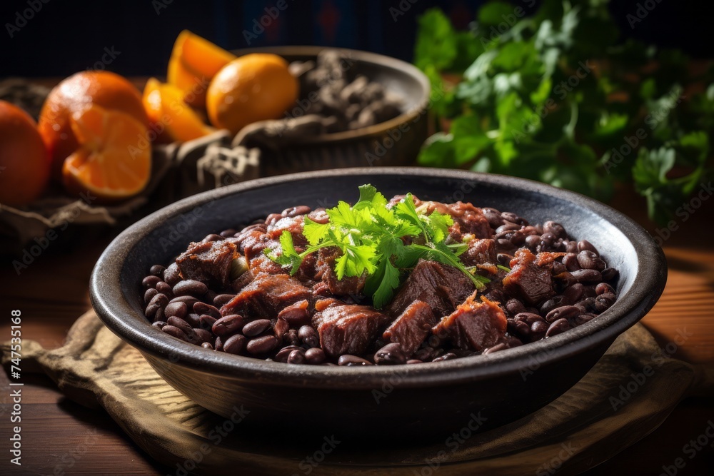 Close-up view photography of a juicy feijoada on a rustic plate against a bamboo background. AI Generation Close-up view photography of a juicy feijoada on a rustic plate against a bamboo background. AI Generation