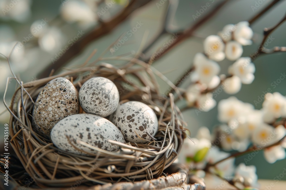 A serene springtime scene, featuring delicate bird eggs nestled within an intricately woven twig nest, surrounded by blooming flowers A serene springtime scene, featuring delicate bird eggs nestled within an intricately woven twig nest, surrounded by blooming flowers