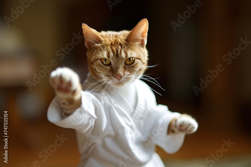 fierce orange cat in martial arts clothes doing karate ready to fight  © Steven