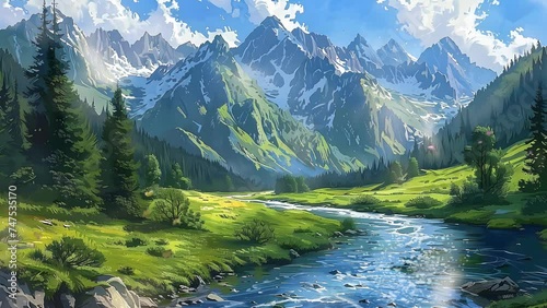 Mountain Stream Serenity: Peaceful Scene of Flowing Waters Amidst Majestic Peaks
 photo
