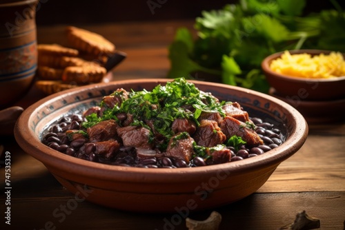 Close-up view photography of a juicy feijoada on a rustic plate against a bamboo background. AI Generation