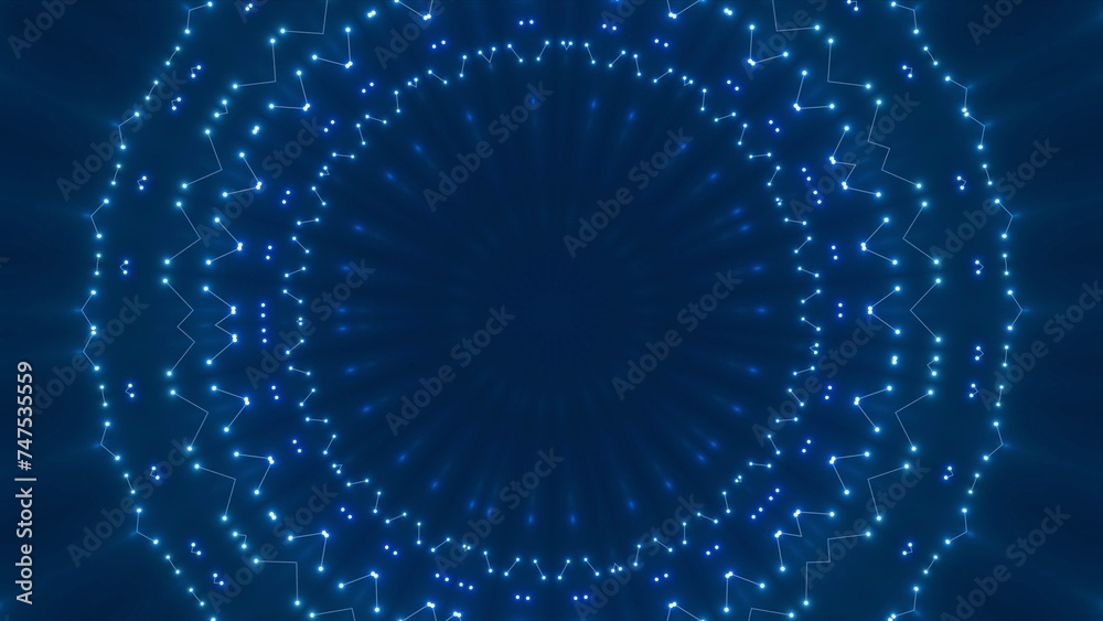 futuristische blau leuchtende synchrone Netzwerkverknüpfungen mit Knotenpunkten, Fraktal, Muster, Kreis, Verbindungen, KI, Internet, Server, Plexuseffekt, System, FTTH, Daten, leuchten
