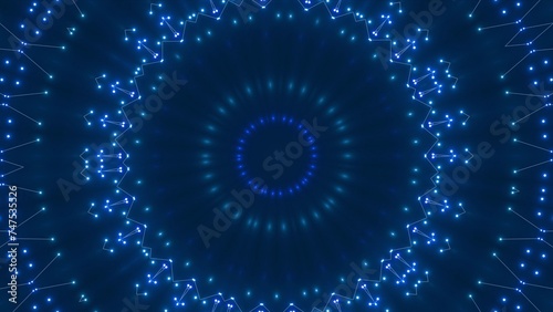 futuristische blau leuchtende synchrone Netzwerkverknüpfungen mit Knotenpunkten, Fraktal, Muster, Kreis, Verbindungen, KI, Internet, Server, Plexuseffekt, System, FTTH, Daten, leuchten © Digital GFX