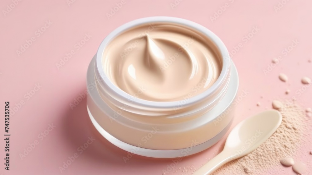 Jar of cosmetic cream on solid pink background, top view. Space for text, empty space. Mask for face. Jar of cosmetic cream on solid pink background, top view. Space for text, empty space. Mask for face.