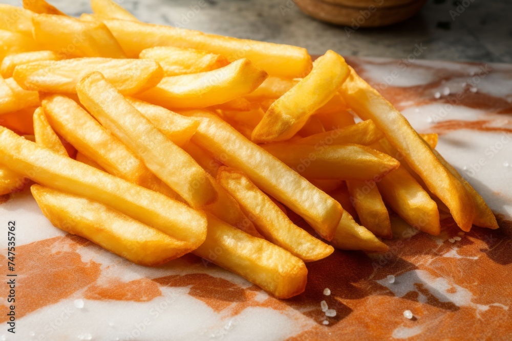 Detailed close-up photography of a delicious french fries on a marble slab against a bamboo background. AI Generation Detailed close-up photography of a delicious french fries on a marble slab against a bamboo background. AI Generation