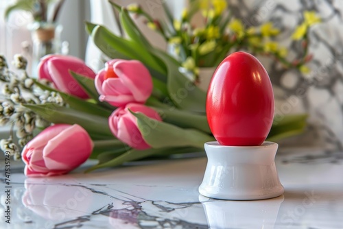 A vivid red egg on a white egg cup, complemented by soft pink tulips and fresh baby's-breath, symbolizing Easter photo
