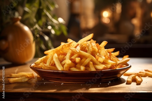 Detailed close-up photography of a delicious french fries on a marble slab against a bamboo background. AI Generation