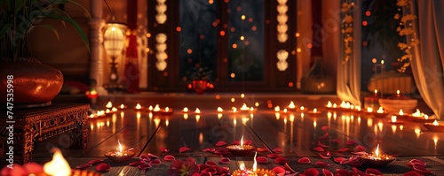 A beautifully lit traditional Indian home with flickering diyas and decorative lights for a radiant Diwali celebration, Diwali photo