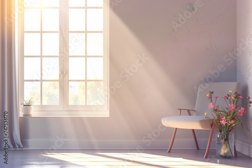 A serene white room is graced with a chair and a vase of flowers  bathed in the gentle glow of sunlight streaming through the window