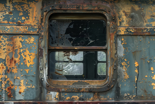 A shattered and stained window frames the rusted remains of a vehicle, a haunting reminder of decay and abandonment